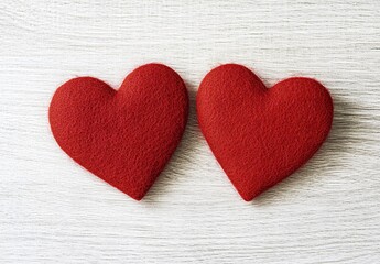 Fototapeta premium Two Red Felt Hearts on White Wooden Background Romantic Valentine's Day Decor