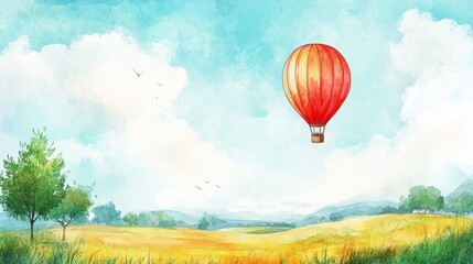 Fototapeta premium Red hot air balloon floats serenely over a picturesque watercolor landscape.