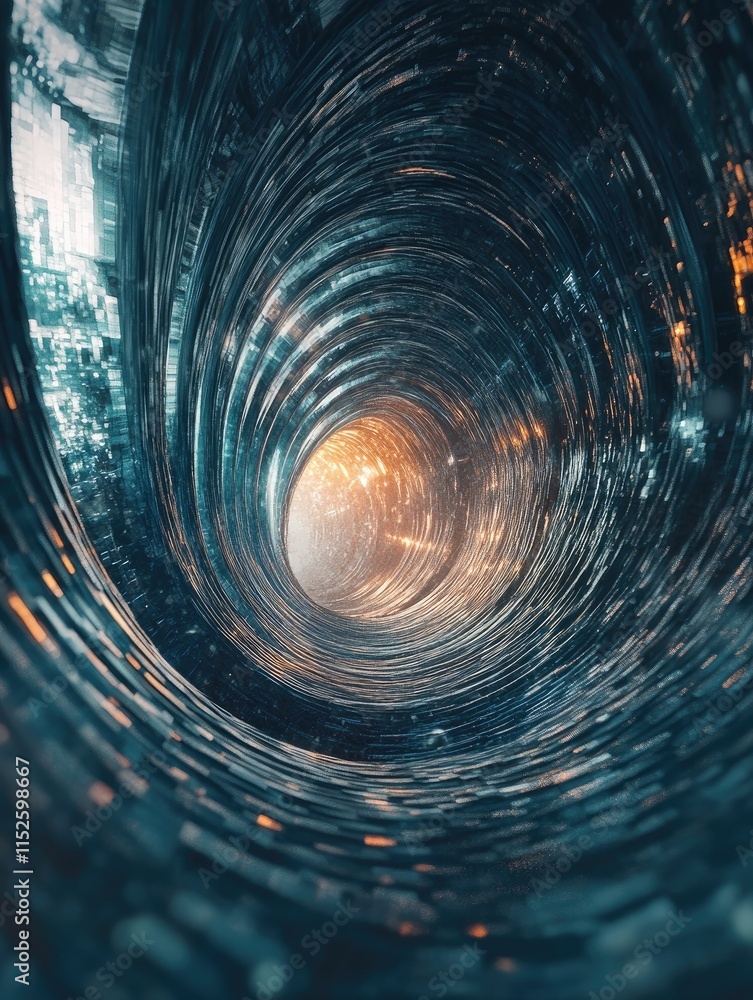 Poster a futuristic tunnel with swirling patterns and glowing lights, evoking a sense of depth.