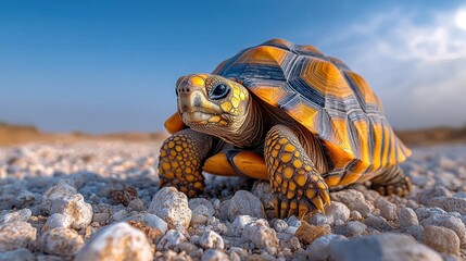 Obraz premium A colorful tortoise walking on a rocky surface under a blue sky.