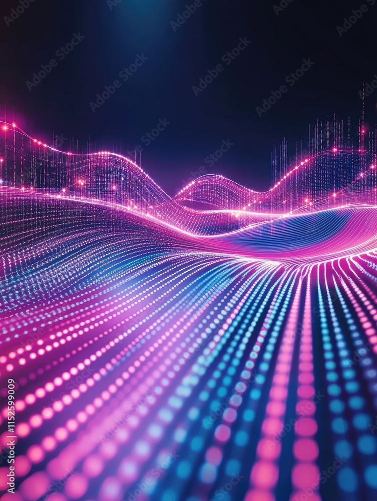 Poster abstract digital landscape with vibrant waves and dots, representing data and technology.