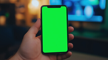 Smartphone held in hand while texting. Smartphone screen is a chroma key green screen