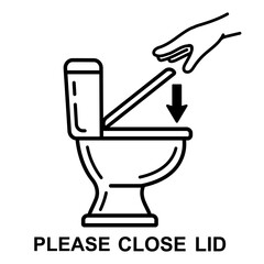 Close toilet lid before flushing water in public WC restroom line icon. Put lavatory bowl cover down after use. Washroom bathroom sanitation. Closet pan hygiene sanitary wash, dirt cleaning. Vector © Alla Koala