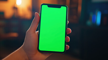 Smartphone held in hand while texting. Smartphone screen is a chroma key green screen