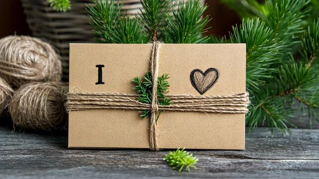 Gift card wrapped with twine and decorations on a wooden surface during winter season