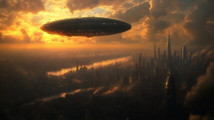 Fototapeta premium Spaceship hovering above futuristic city at sunset