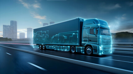 cool blue, grey dawn sunlight lone truck on highway - trucking, road freight, delivery, info-graphics - transport logistics network technology