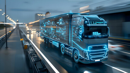 cool blue, grey dawn sunlight lone truck on highway - trucking, road freight, delivery, info-graphics - transport logistics network technology