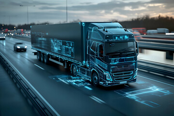 cool blue, grey dawn sunlight lone truck on highway - trucking, road freight, delivery, info-graphics - transport logistics network technology