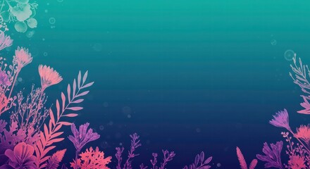 Fototapeta na wymiar Floral Dreamscape: Delicate pink and purple floral silhouettes, with their ethereal stems and leaves, dance gracefully across a vibrant blue and green gradient backdrop.