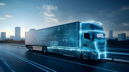 cool blue, grey dawn sunlight lone truck on highway - trucking, road freight, delivery, info-graphics - transport logistics network technology