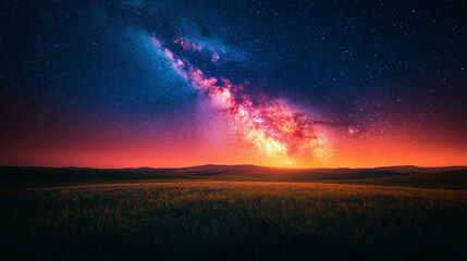 Fototapeta premium Vibrant Milky Way Over a Glowing Horizon in a Dark Scenic Landscape