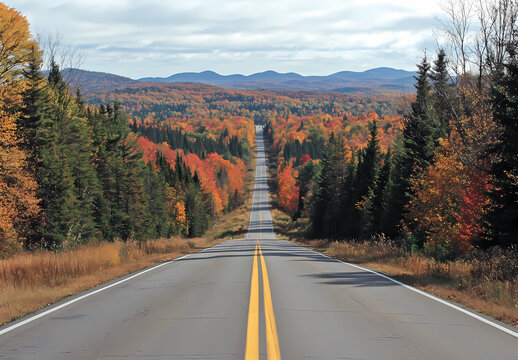 A wide road stretches into the distance, flanked by trees that turn vibrant colors in autumn