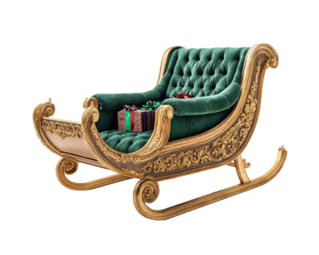 A green sleigh with a gold frame and a red and gold gift box