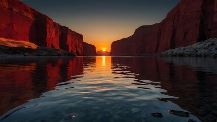 Obraz premium deep red sun setting between jagged dark cliffs, its glowing light reflecting vividly on calm water, 
