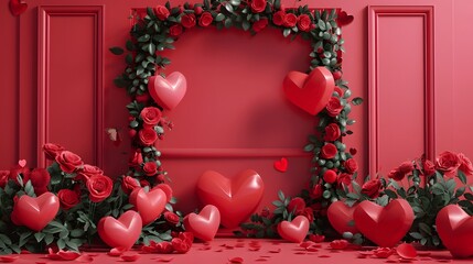 Romantic Red Heart Arrangement with Roses and Leaves for Celebration