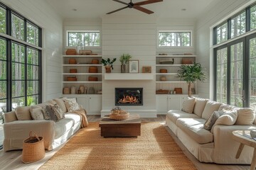 Fototapeta premium Cozy modern farmhouse-style living room in Georgia with a fireplace, built-in shelves, tan couches, coffee table, and wooden floors, filled with natural light.