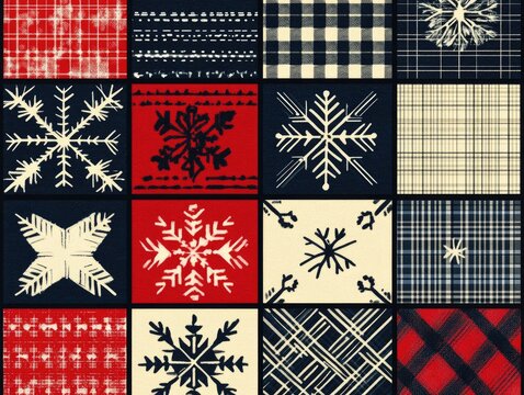 A patchwork design featuring snowflakes and plaid patterns in red, white, and navy colors.