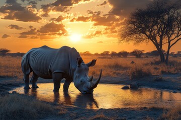 Fototapeta premium White Rhinoceros Drinking at Sunset in African Savanna