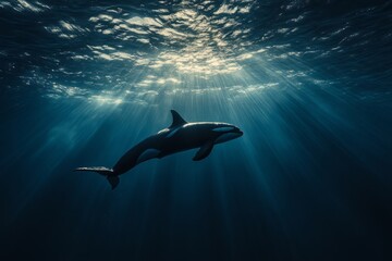Orca Whale Silhouette Swims In Sunlit Ocean Depths