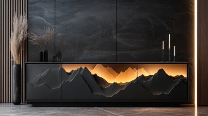 Modern minimalist black cabinet with mountain range backlit design.