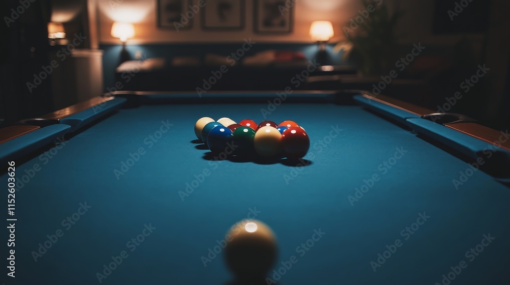 Poster a calm billiard room with perfectly aligned pool cues and balls, a dimly lit space with a smooth, po