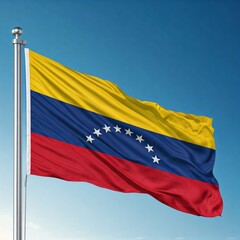 Obraz premium national flag of venezuela waving against blue sky, official flag of the nation, blowing in the wind