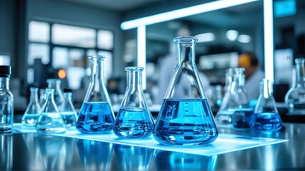 Laboratory Setup with Glassware and Blue Liquid in Modern Space