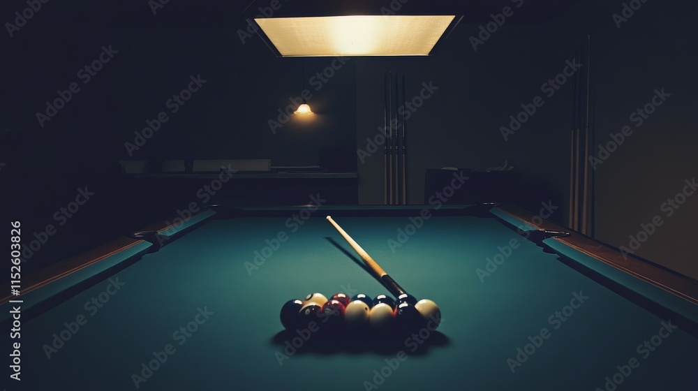 Poster a calm billiard room with perfectly aligned pool cues and balls, a dimly lit space with a smooth, po