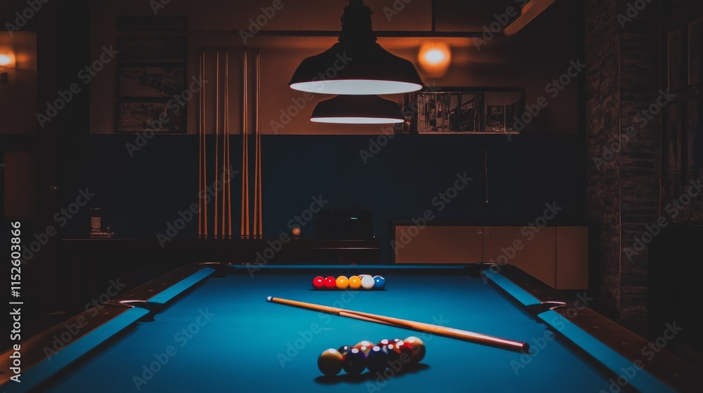 Poster a calm billiard room with perfectly aligned pool cues and balls, a dimly lit space with a smooth, po
