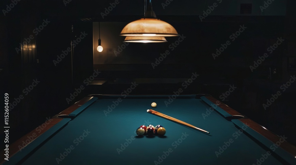 Poster a calm billiard room with perfectly aligned pool cues and balls, a dimly lit space with a smooth, po