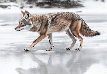 Fototapeta premium Coyote Walking on Icy Winter Lake, Wildlife