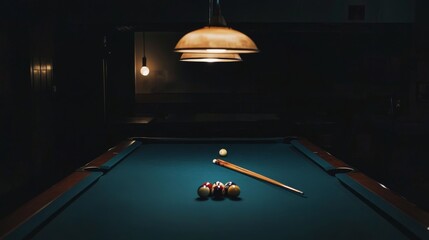 A calm billiard room with perfectly aligned pool cues and balls, A dimly lit space with a smooth, polished table