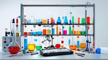 Colorful Laboratory Setup with Beakers and Scientific Equipment