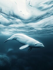 Fototapeta premium White Whale Swimming Beneath Arctic Ice