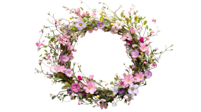 Wreath of colorful spring flowers, transparent background
