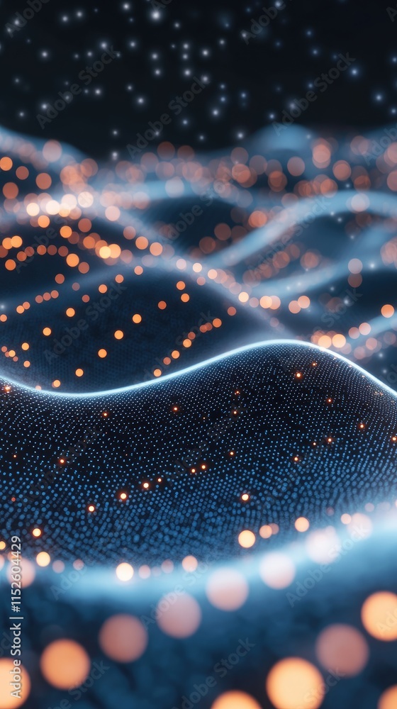 Poster abstract representation of waves with glowing particles, suggesting movement and energy.