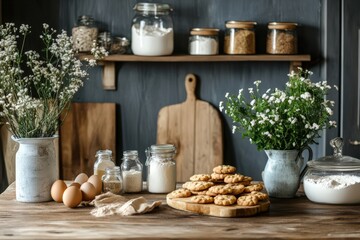 Homemade Cookies Baking Ingredients Rustic Kitchen Setting