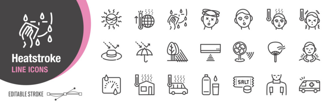 ライン・アイコン｜熱中症と熱中症対策　[線の編集可能]