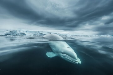 Fototapeta premium Beluga Whale Swimming Beneath Arctic Ice Landscape