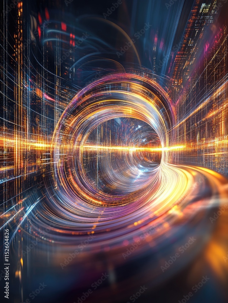 Poster a vibrant, abstract representation of a futuristic tunnel with light trails and dynamic motion.