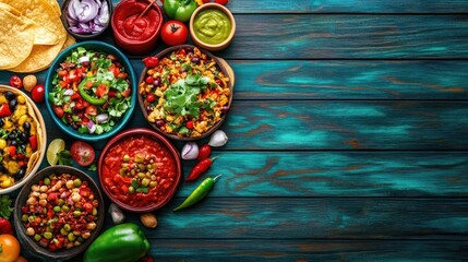 Fototapeta premium Vibrant mexican cuisine spread with fresh ingredients on rustic wooden table Happy Cinco de mayo
