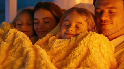 Cozy family evening: smiling caucasian parents and young daughters relaxing under blankets Global Family Day