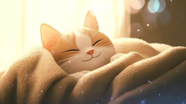Contented cat resting in soft blanket under warm sunlight. seamless looping 4k time-lapse lofi animation video background