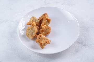 batagor,is a street food that is very popular in Indonesia.made from fish, tapioca and seasoning wrapped in dumplings then fried. photographed with studio light