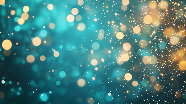 Teal and Gold Bokeh: A dazzling backdrop of teal and gold bokeh, capturing the essence of festive celebration, creating a dreamy and ethereal atmosphere.  