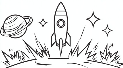 Rocket launching into space, planets, stars, explosion.