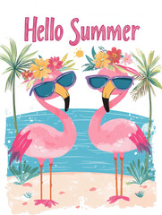 Obraz premium Fun Flamingos in Sunglasses with Flower Hats