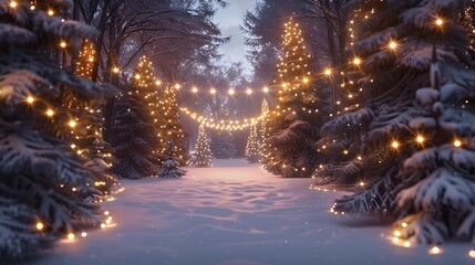 Serene Winter Wonderland with Christmas Lights and Snowy Trail