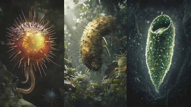 Three distinct examples of archaebacteria showcasing unique morphologies and habitats in nature. Archaea. Illustration